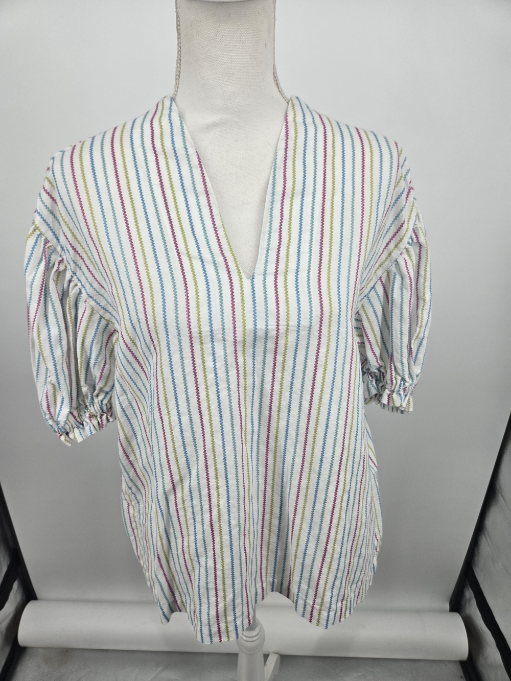 Brooke Wright V-Neck Striped Puff Sleeve Tunic Small